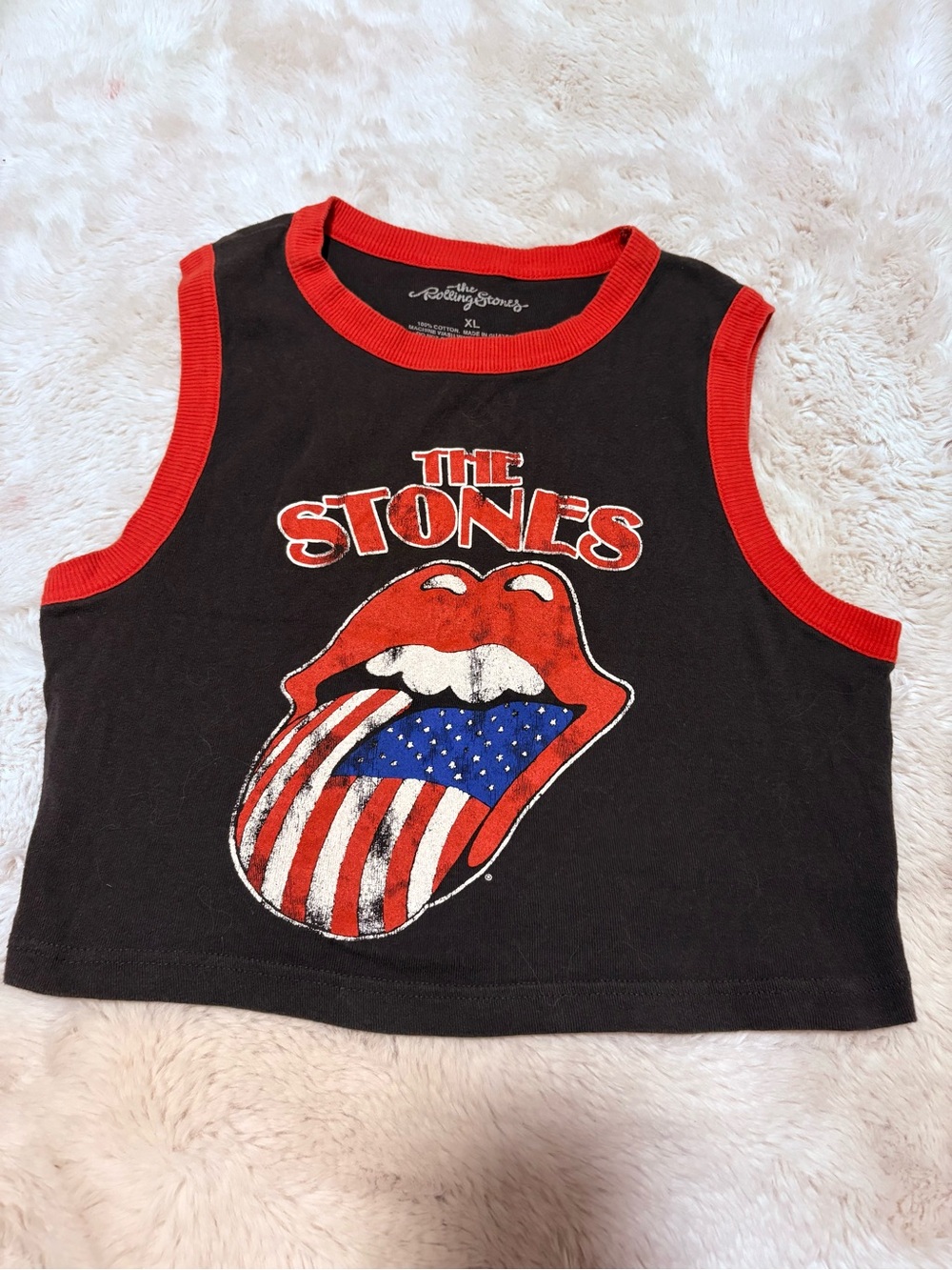 the Rolling Stones Black Tank Top with Red Trim & Flag Tongue Graphic